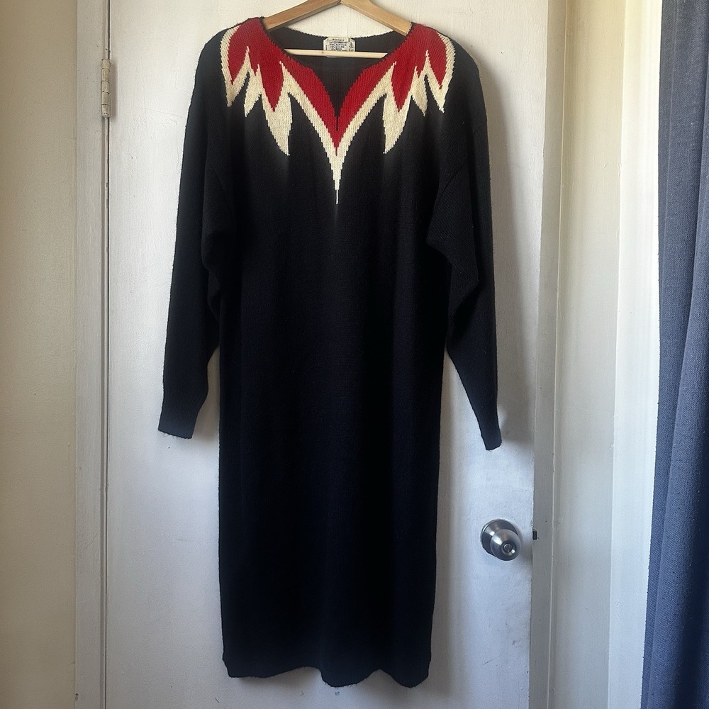 Vintage 80's‎ Knit Sweater Dress Black Red Graphic Glam Moto Babe Mob Wife XL